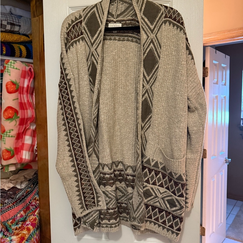 Lucky Brand Olive and Cream Patterned Cardigan